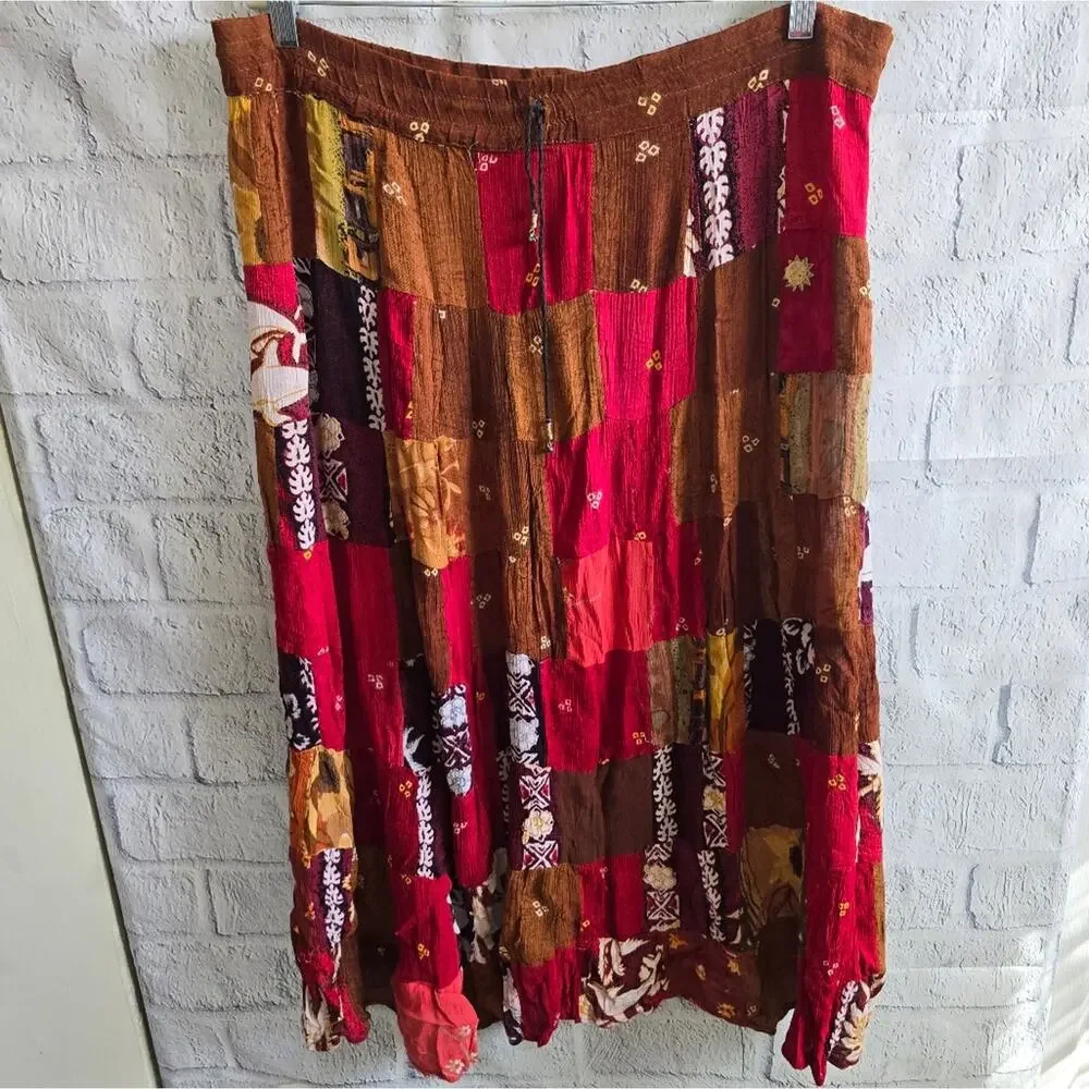 Boho Chic Patchwork Cottage Style Brown And Pink Maxi Skirt - Picture 11 of 12